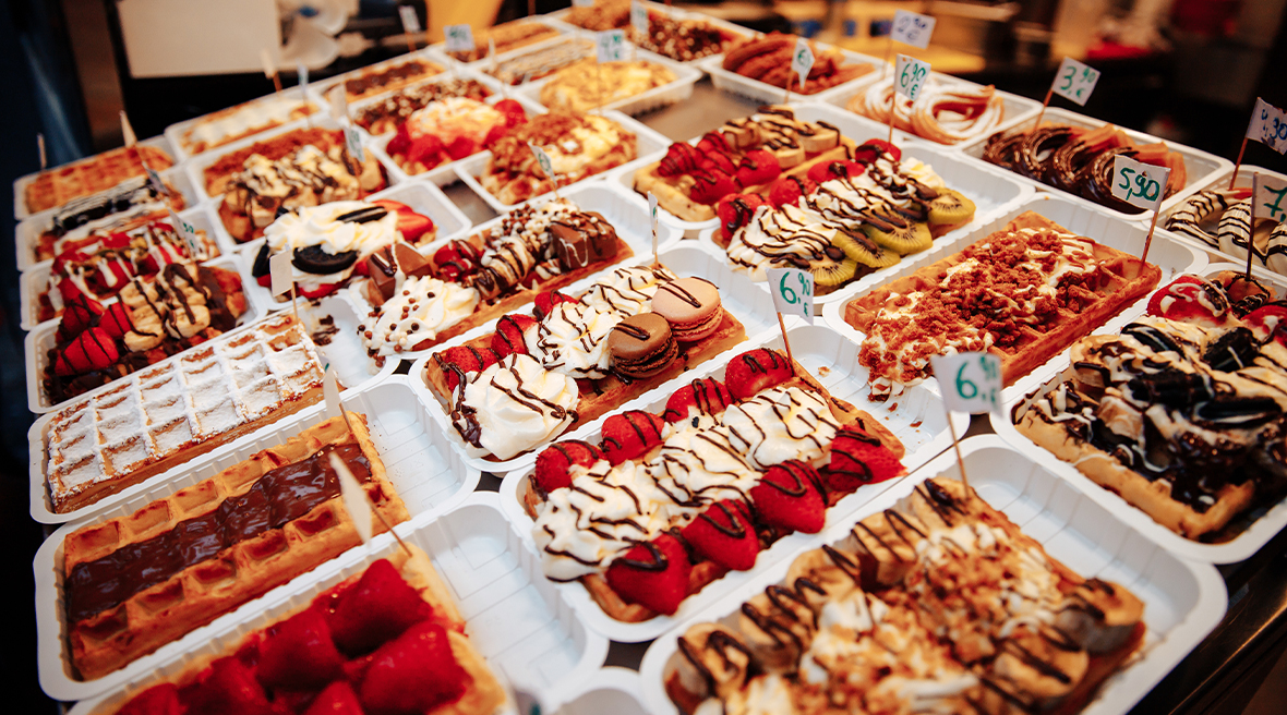 A selection of waffles with different toppings